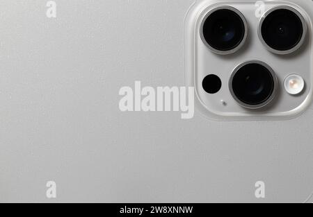 Close up of rear camera on smartphone or Mobile phone mockup on white background. Stock Photo