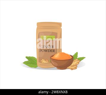 Dry ginger powder in a pack, and a bowl. With ginger root and green leaves. Vector cartoon flat illustration. Ayurvedic remedy and spice for cooking. Stock Vector