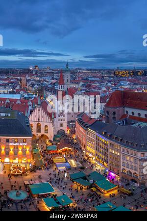 View from the New Town Hall over Marienplatz to the Old Town Hall and the Holy Spirit Church, Munich, Bavaria, Germany Stock Photo