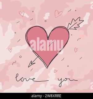 Valentines Day card with a casually drawn heart with an arrow on a textured background. The casually written phrase I love you. Vector illustration Stock Vector