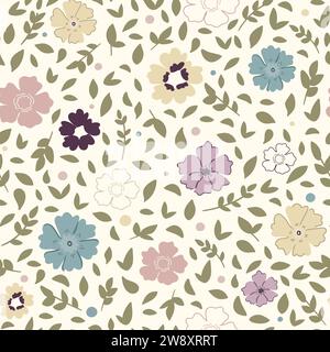 Hand drawn floral seamless pattern. Pastel colored flowers and green leaves on beige background. Vector illustration Stock Vector