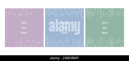 Set of minimalistic Save the date templates with hand drawn doodle botanical elements. Vector illustration Stock Vector