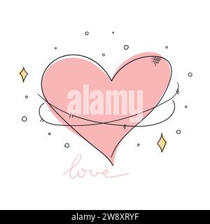 Hand drawn heart planet with rings decorated with stars. Vector illustration Stock Vector