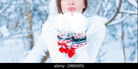 No name portrait of a girl against the background of a winter frosty morning. Winter vacation, Christmas and New Year concept. Mixed media Stock Photo