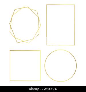 Golden frames of various shapes, set. Design for greeting cards, wedding invitations, banners, posters, flyers, birthday, festivals, new year posters. Stock Vector