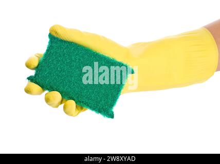 Hand in yellow glove with sponge Stock Photo