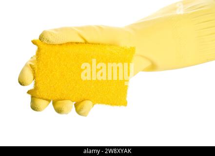 Hand in yellow glove with sponge Stock Photo