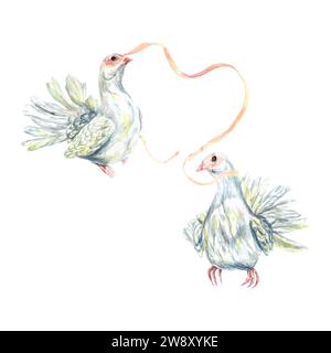 White doves watercolor. Illustration of peace symbol birds, ribbon. Greeting cards, wedding invitations, banners, flyers, birthday posters, festivals. Stock Vector