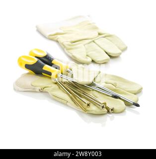 Gloves with screws and screwdrivers Stock Photo