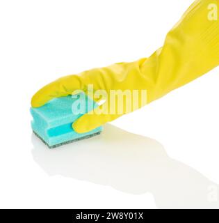 Hand in glove with sponge Stock Photo