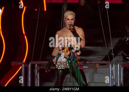 Mexico City, Mexico. 21st Dec, 2023. December 21, 2023, Mexico City, Mexico: Christian Chavez integrant of RBD pop band performs on stage during the ‘Soy Rebelde Tour' at the end of his tour to celebrate the reunion of the band fifteen years later at Aztec Stadium. on December 21, 2023 in Mexico City, Mexico. (Photo by Iliana Suarez/ Eyepix/Sipa USA) Credit: Sipa USA/Alamy Live News Stock Photo