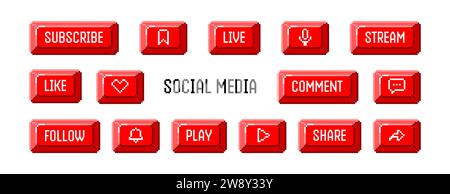Pixel art buttons pack. 8 bit elements are suitable for social networks, podcasts and games. Vector illustration on a white background. Stock Vector