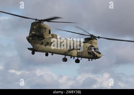 D-483, a Boeing CH-47F Chinook heavy-lift helicopter operated by the Royal Netherlands Air Force (RNLAF), departing from RAF Fairford in Gloucestershire, England after participating in the Royal International Air Tattoo 2023 (RIAT 2023). Stock Photo