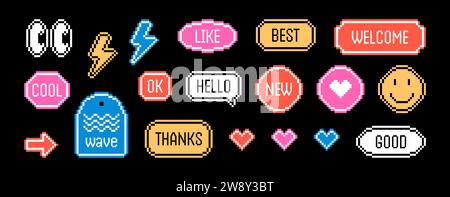 Y2k retro pixel art sticker pack. Smile, eyes and cool badge element. Vector illustration on a black background. Stock Vector