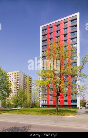 The 17-storey tower blocks from the 1970s are typical examples of GDR prefabricated housing. Following interior and exterior modernisation, they now Stock Photo