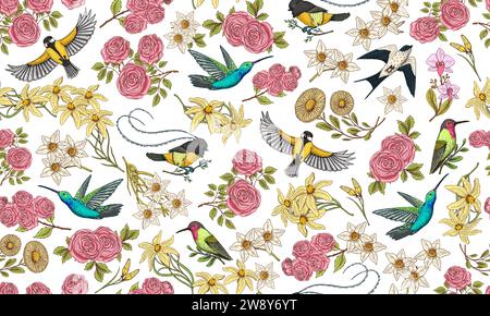 Toile De Jouy banner. Wild bird and exotic plants. Seamless pattern. Eastern landscape. Linear Flowers and roses. Hand drawn sketch in vintage style. Stock Vector