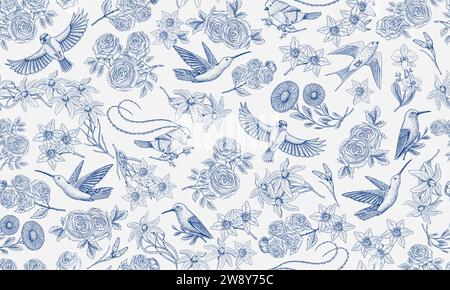 Toile De Jouy banner. Wild bird and exotic plants. Seamless pattern. Eastern landscape. Linear Flowers and roses. Hand drawn sketch in vintage style. Stock Vector