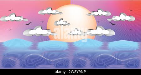 vector illustration background with dunes with sunset on clouds in the sky Stock Vector