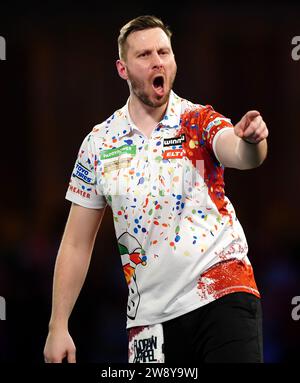 Florian Hempel reacts during his match against Dimitri Van den Bergh (not pictured) on day eight of the Paddy Power World Darts Championship at Alexandra Palace, London. Picture date: Friday December 22, 2023. Stock Photo