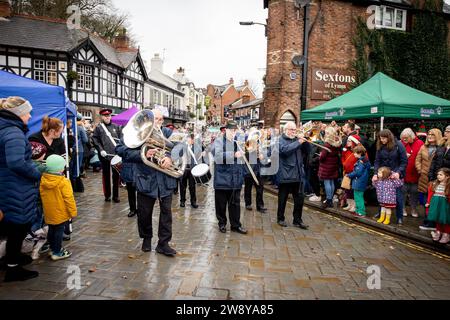 Lymm Dickensian Day 2023. People dressed in Dickensian costume; stalls in the streets; street entertainment; Grand Parade Stock Photo