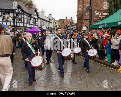 Lymm Dickensian Day 2023. People dressed in Dickensian costume; stalls in the streets; street entertainment; Grand Parade Stock Photo