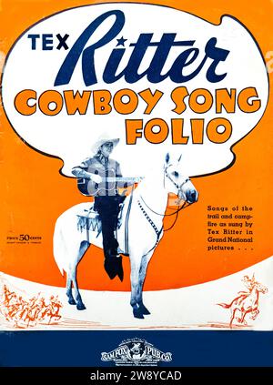 Colorful vintage sheet music  songbook cover featuring cowboy singer Tex Ritter. Stock Photo