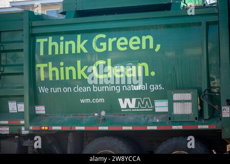 Vadnais Heights, Minnesota.  Waste management green garbage hauling truck. One-third of the fleet runs on natural gas. Stock Photo