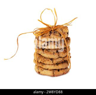 Freshly baked chocolate chip cookies tied with a ribbon isolated on white bacground. With clipping path Stock Photo