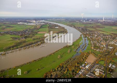 Aerial view, river Rhine flood, meadows and fields Rhine bank near Nierst with inland navigation, Haus Werth Museum single house on the banks of the R Stock Photo