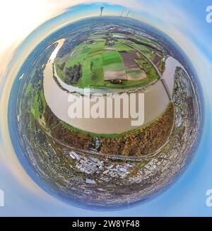 Aerial view, Uedesheimer Rheinbogen with meadows and fields, river Rhine and Fleher forest, surrounded by autumnal deciduous trees, earth globe, fishe Stock Photo