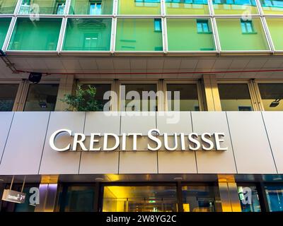 Lugano, Switzerland - December 12, 2023: Credit Suisse is a Swiss bank that was taken over by UBS after bankruptcy Stock Photo