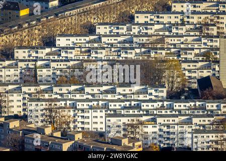 Aerial view, S-Bahn trains on tracks near the exhibition station, shapes and colors, Deutz, Cologne, Rhineland, North Rhine-Westphalia, Germany, S-Bah Stock Photo