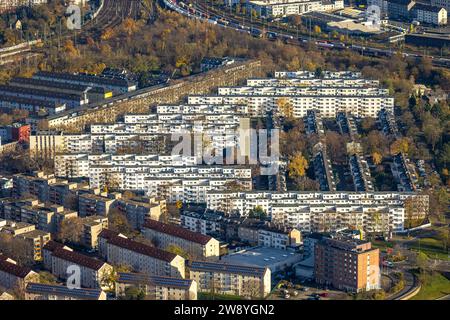 Aerial view, terraced house housing estate in the district of Veedel Buchforst, surrounded by autumnal deciduous trees, Buchforst, Cologne, Rhineland, Stock Photo