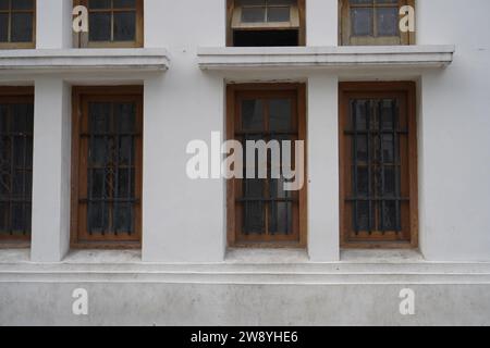 close view from the window of the building with classic moldings Stock Photo