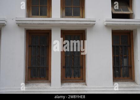 close view from the window of the building with classic moldings Stock Photo
