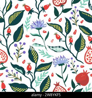 Seamless pattern with dynamic stylizes branches with red berries. Original trendy background for design. Stock Vector
