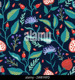 Seamless pattern with dynamic stylizes branches with red berries. Original trendy background for design. Stock Vector