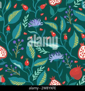 Seamless pattern with dynamic stylizes branches with red berries. Original trendy background for design. Stock Vector