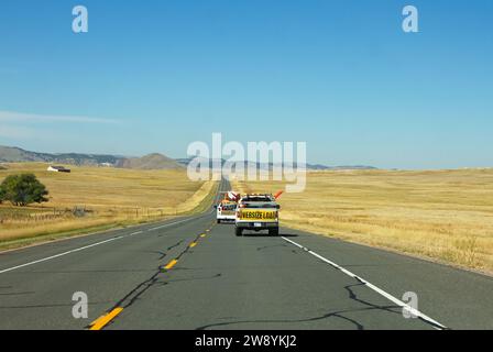 Highway, South Dakota, USA - September 30 2023: Oversize load transportation on the highway in MidWest, USA Stock Photo