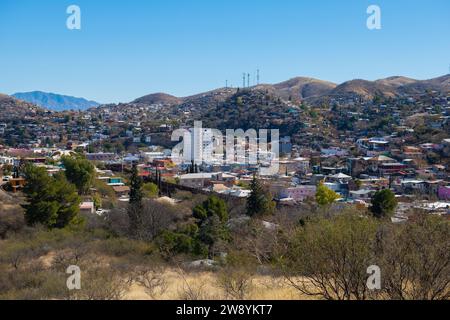 Aerial view of Nogales Sonora with Border Wall between Nogales Arizona USA and Nogales Sonora Mexico near International Street in city of Nogales, Ari Stock Photo