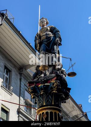 Statue of Lady Justice on Gerechtigkeitsbrunnen Fountain in Bern, Switzerland. Stock Photo