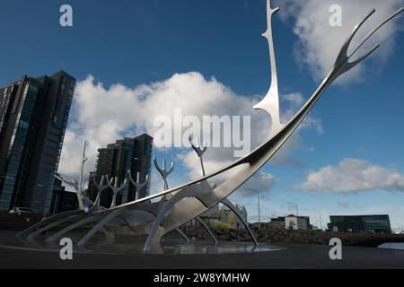 The Sun Voyager or Solfar is a stainless-steel sculpture on Reykjavik’s waterfront by Jón Gunnar Árnason, located along Sæbraut. Stock Photo