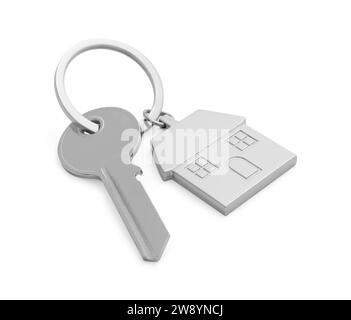 Key with keychain in shape of house isolated on white Stock Photo