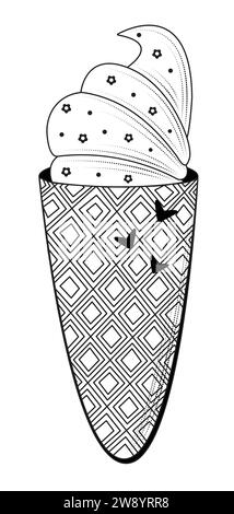 Cute ice cream waffle cone, vector black and white illustration Stock Vector