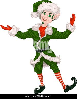 Christmas elf, Santa assistant in fur coat, fur cap with bauble and in striped knee socks. Stock Vector