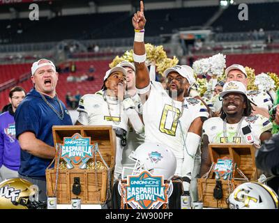 December 22, 2023: Georgia Tech head coach Brent Key celebrates with the team after the Union Home Mortgage Gasparilla Bowl. Georgia Tech defeated UCF 30-17 at Raymond James Stadium in Tampa, FL. Romeo T Guzman/Cal Sport Media Stock Photo