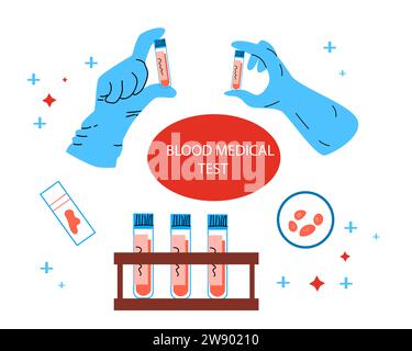 Blood medical test background in flat style. Vector illustration isolated. Vector included hands. blood tubes and other elements.  Stock Vector