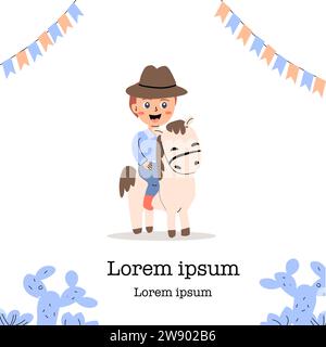 cowboy and cowgirl kids party banner or poster. Vector illustration in flat cartoon style. Suitable for kids birthday invitation, greeting card.  Stock Vector