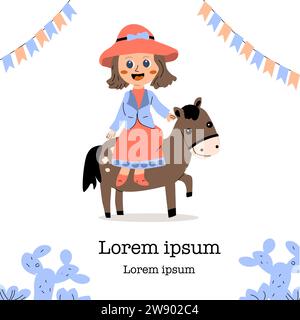 Pretty cowgirl kids party banner or poster. Vector illustration in flat cartoon style. Suitable for kids birthday invitation.  Stock Vector