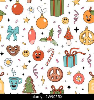 Christmas groovy elements pattern. Groovy Hippie holiday texture with Christmas objects in retro 70s style. Vector hand drawn illustration on white background. Stock Vector